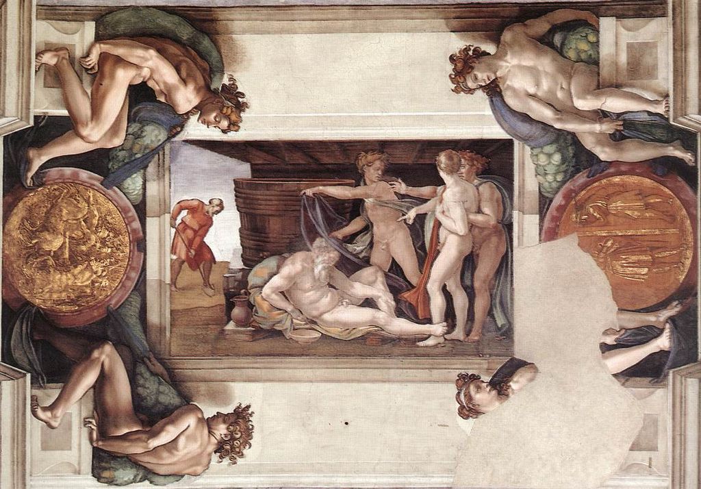 Ebbrezza-di-Noè-intero-riquadro-con-Ingnudi-e-i-medaglioni-Michelangelo